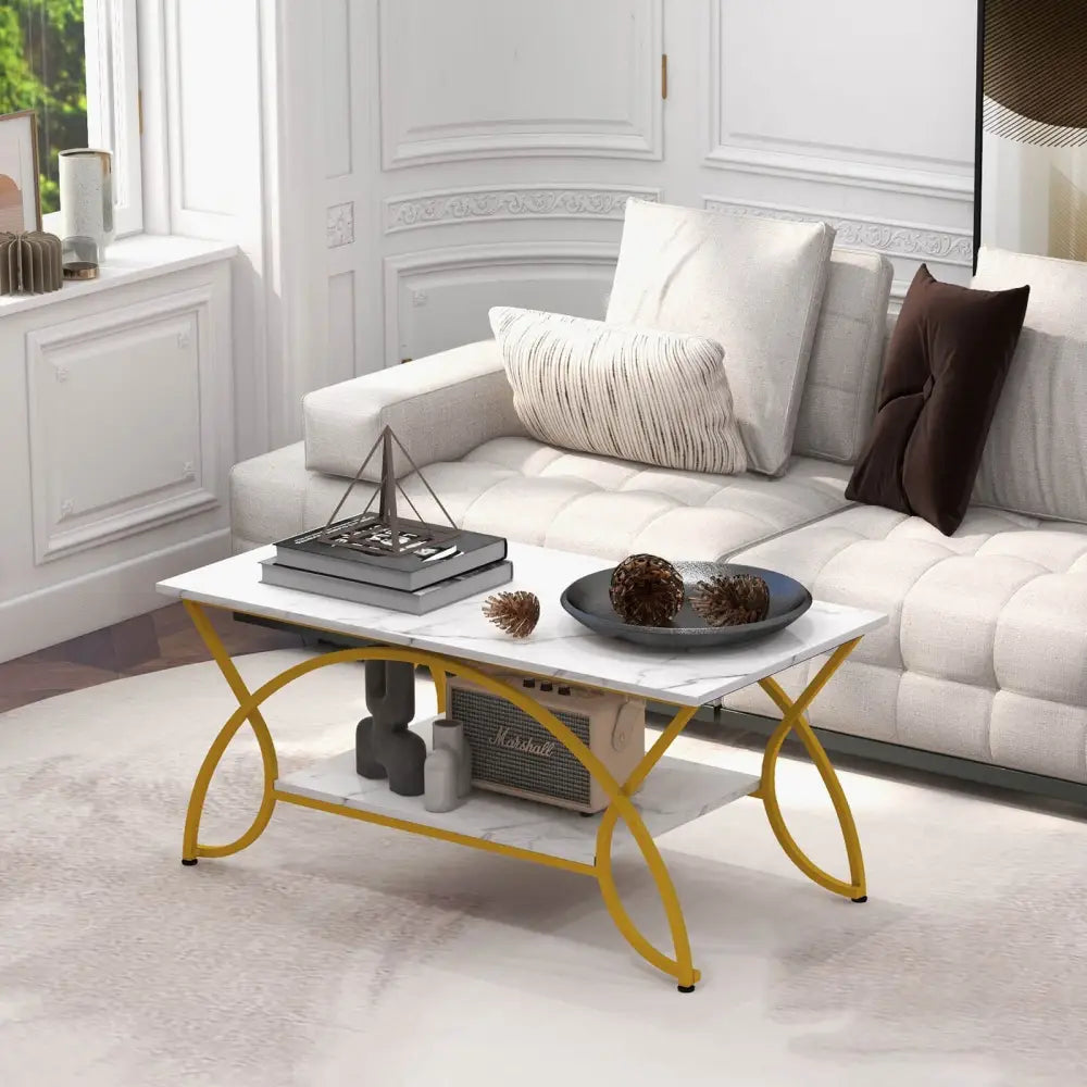 2-Tier Coffee Table Gold Rectangle for Living Room-Golden - White - Coffee Tables