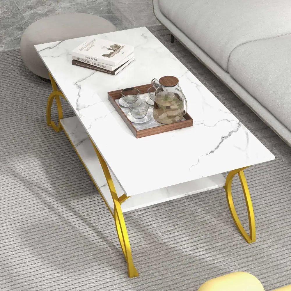 2-Tier Coffee Table Gold Rectangle for Living Room-Golden - White - Coffee Tables