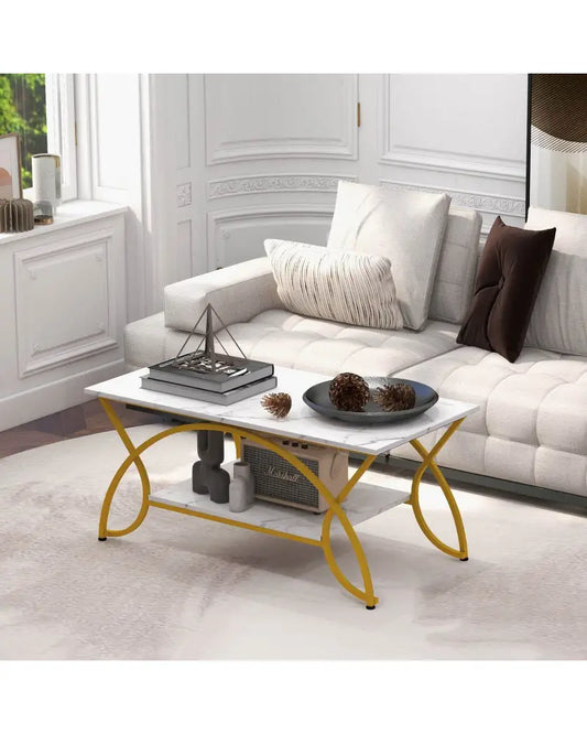 2-Tier Coffee Table Gold Rectangle for Living Room-Golden - White - Coffee Tables
