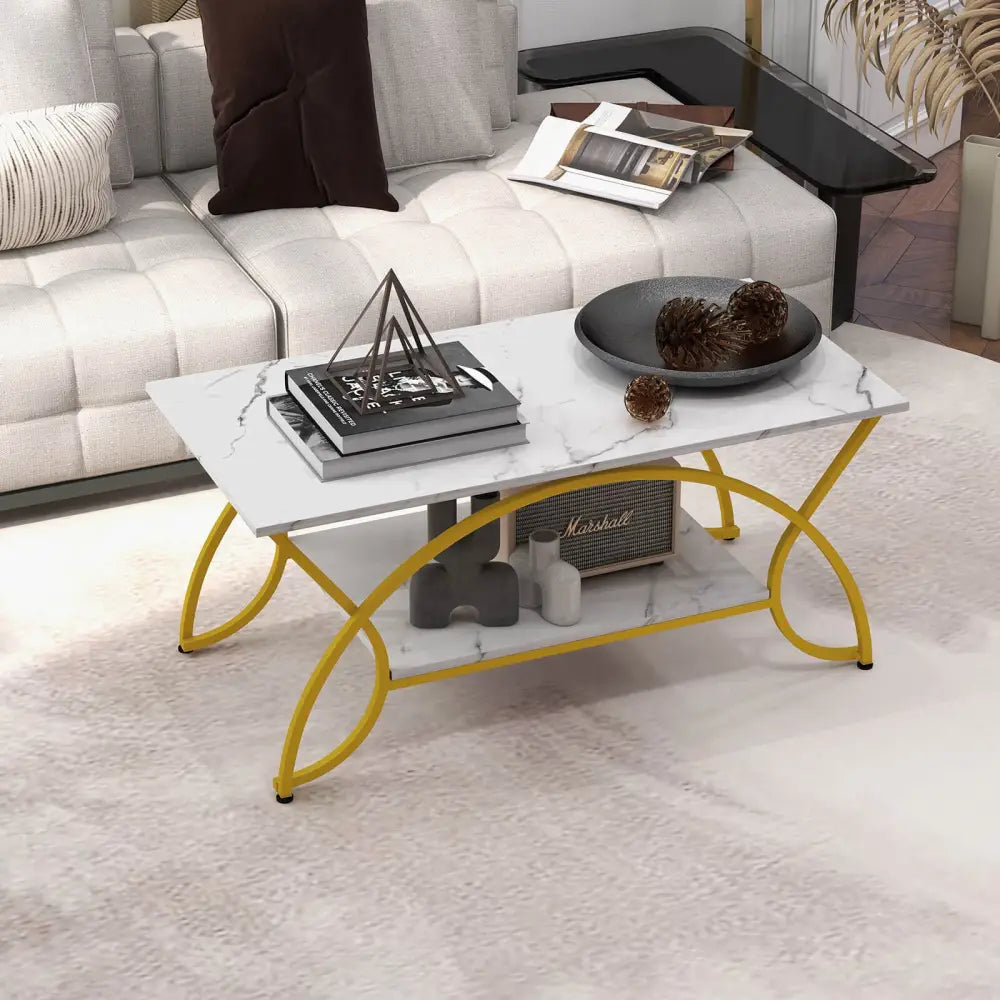2-Tier Coffee Table Gold Rectangle for Living Room-Golden - White - Coffee Tables