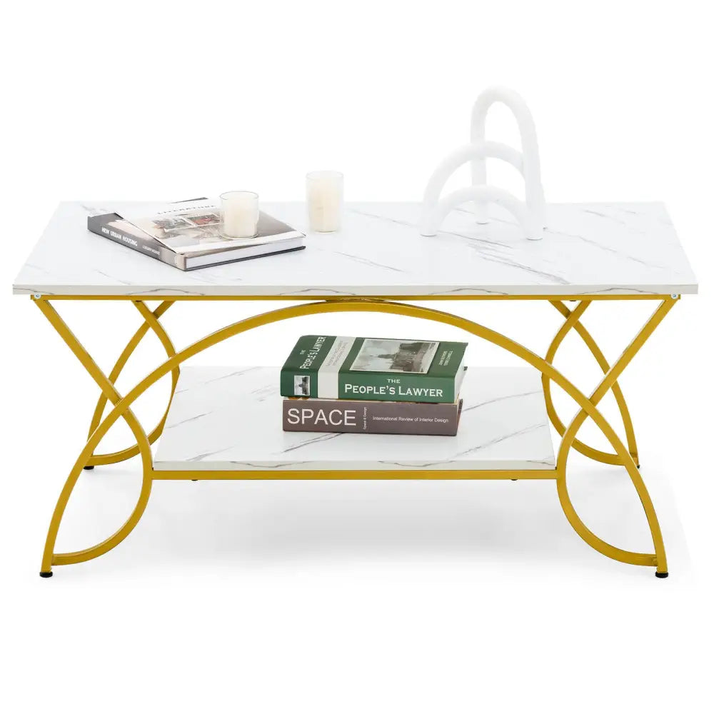2-Tier Coffee Table Gold Rectangle for Living Room-Golden - White - Coffee Tables