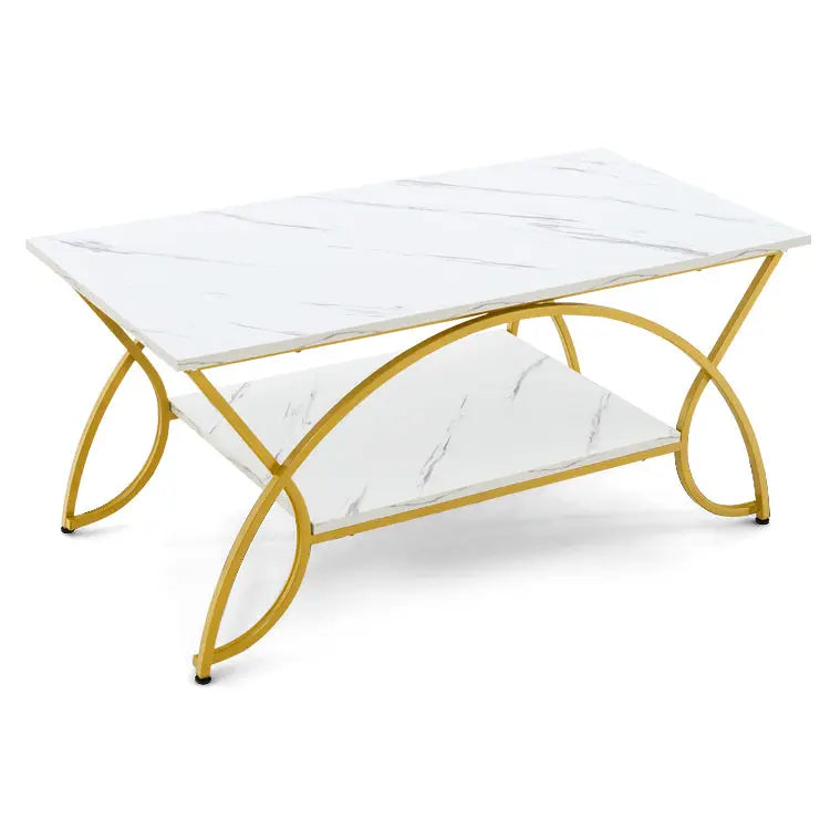 2-Tier Coffee Table Gold Rectangle for Living Room-Golden - White - Coffee Tables
