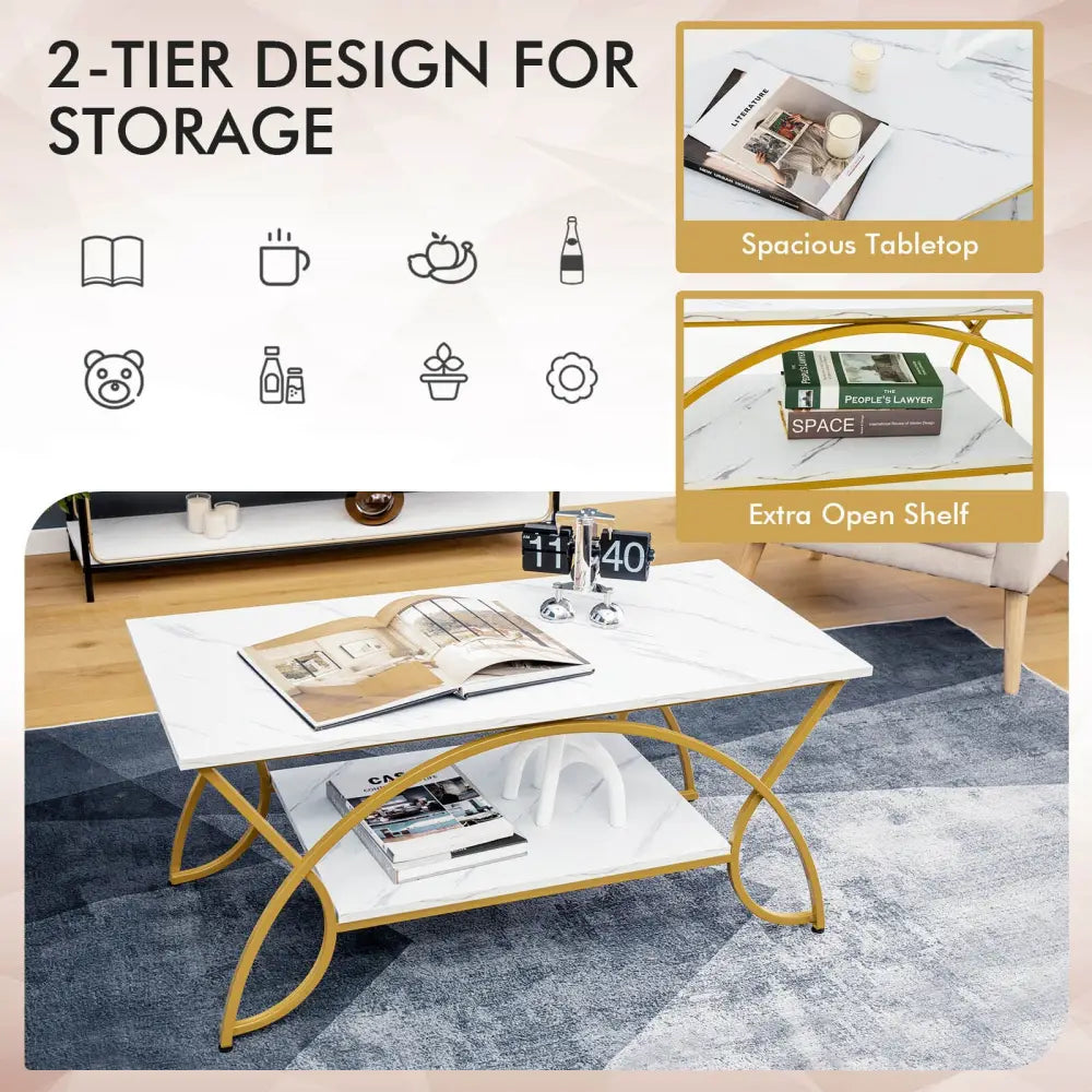 2-Tier Coffee Table Gold Rectangle for Living Room-Golden - White - Coffee Tables