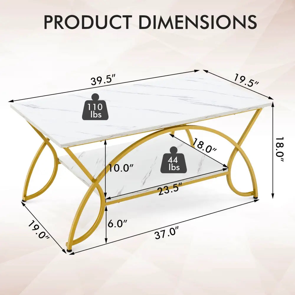 2-Tier Coffee Table Gold Rectangle for Living Room-Golden - White - Coffee Tables