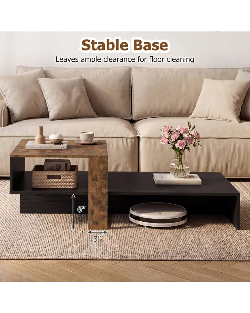 2-Tier Coffee Table Modern Irregular Center Table with Open Storage Shelf-Black & Brown - Coffee Tables