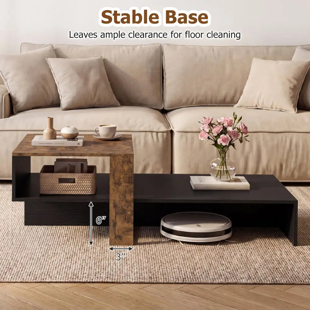 2-Tier Coffee Table Modern Irregular Center Table with Open Storage Shelf-Black & Brown - Coffee Tables