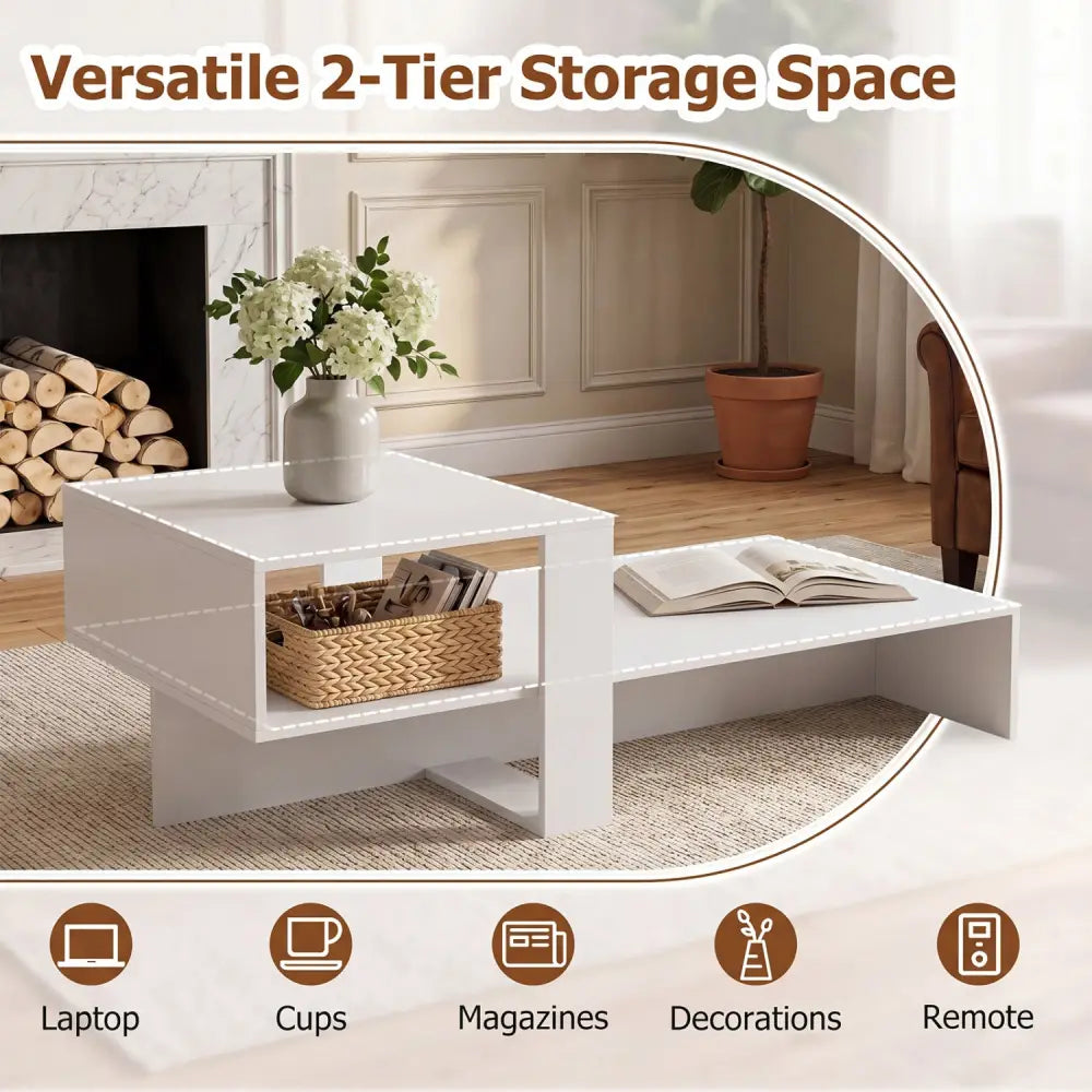 2-Tier Coffee Table Modern Irregular Center Table with Open Storage Shelf-White - White - Coffee Tables