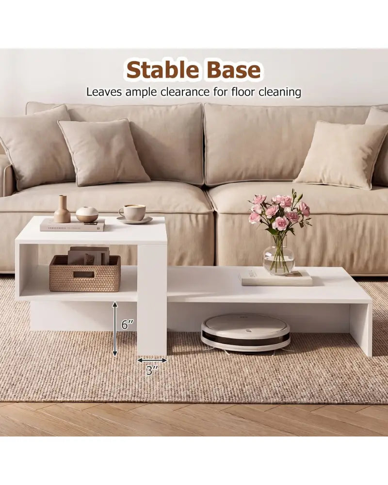 2-Tier Coffee Table Modern Irregular Center Table with Open Storage Shelf-White - White - Coffee Tables