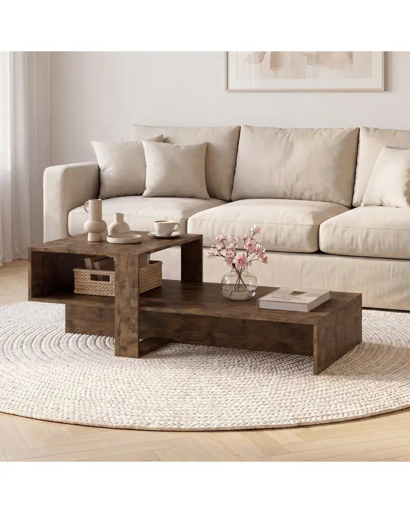 2-Tier Coffee Table Modern Irregular Center Table with Open Storage Shelf-Brown - Brown - Coffee Tables