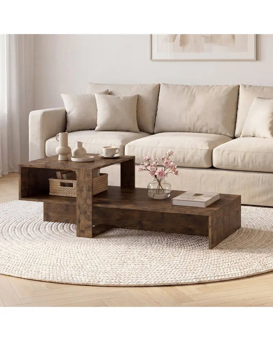 2-Tier Coffee Table Modern Irregular Center Table with Open Storage Shelf-Brown - Brown - Coffee Tables