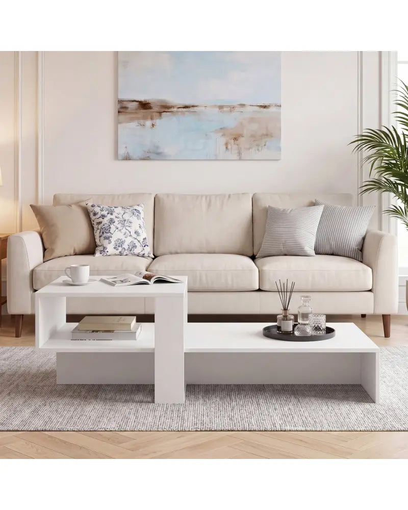 2-Tier Coffee Table Modern Irregular Center Table with Open Storage Shelf-White - White - Coffee Tables