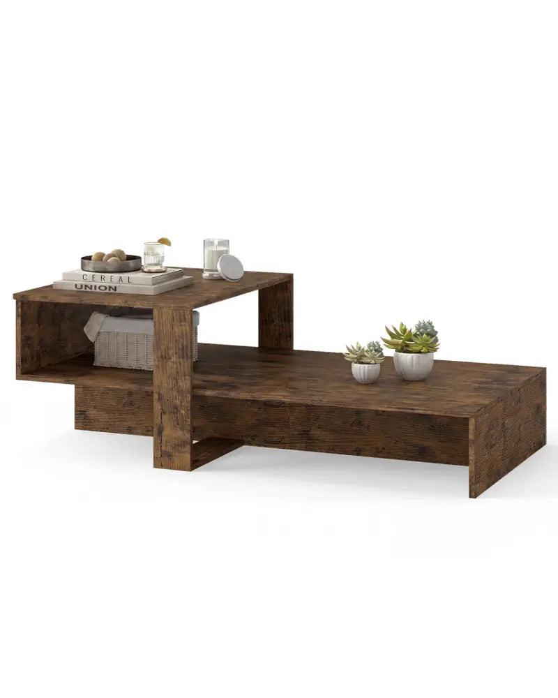 2-Tier Coffee Table Modern Irregular Center Table with Open Storage Shelf-Brown - Brown - Coffee Tables