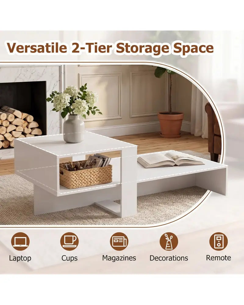 2-Tier Coffee Table Modern Irregular Center Table with Open Storage Shelf-White - White - Coffee Tables