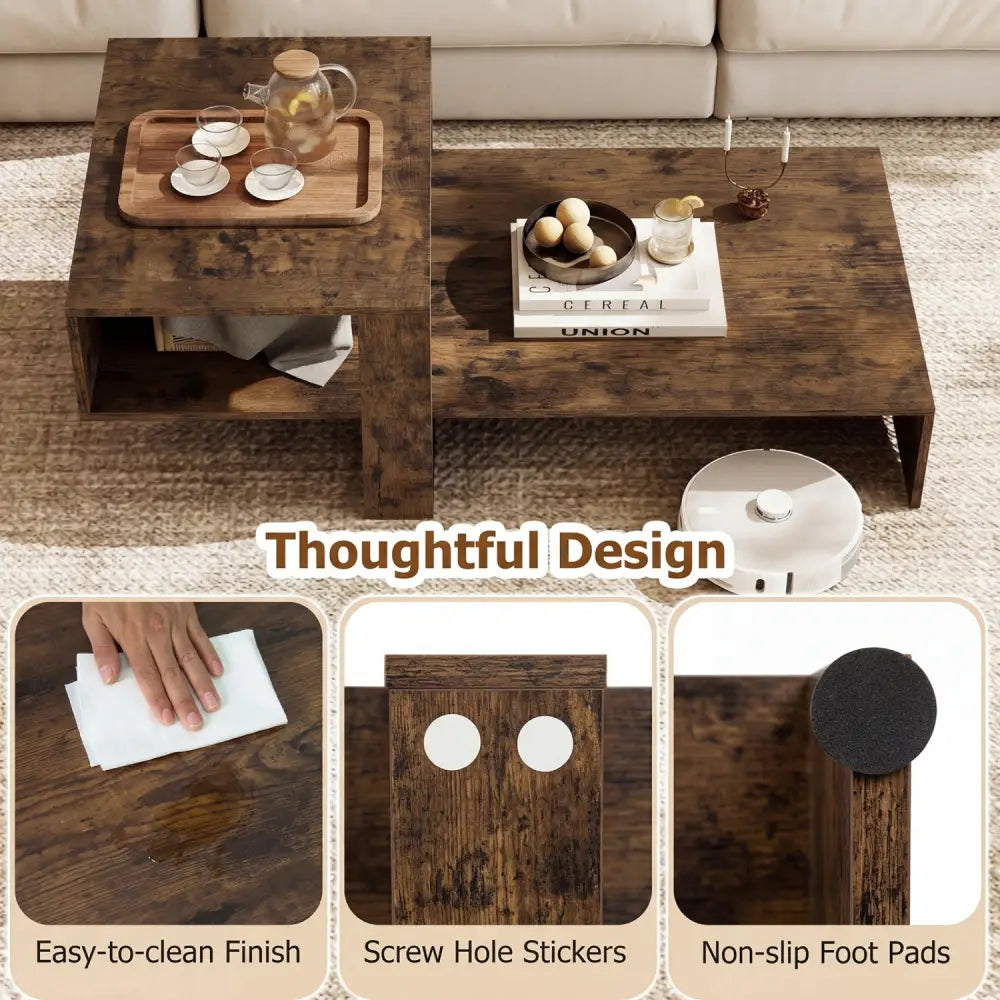 2-Tier Coffee Table Modern Irregular Center Table with Open Storage Shelf-Brown - Brown - Coffee Tables