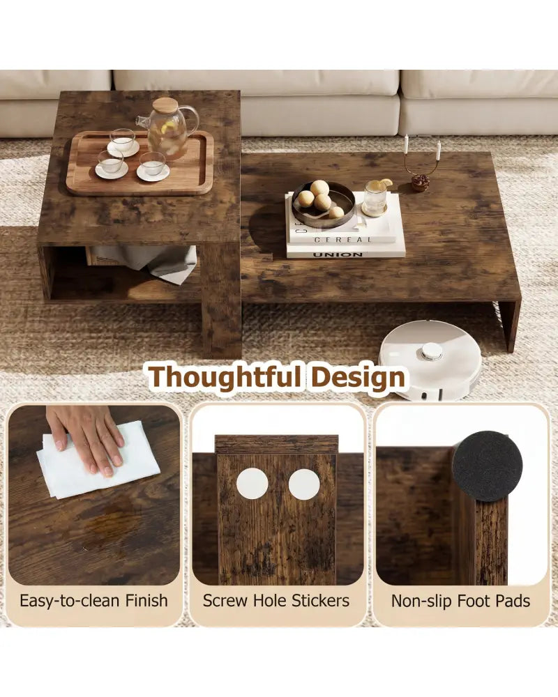 2-Tier Coffee Table Modern Irregular Center Table with Open Storage Shelf-Brown - Brown - Coffee Tables
