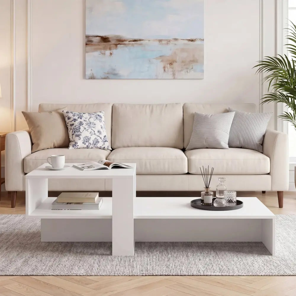 2-Tier Coffee Table Modern Irregular Center Table with Open Storage Shelf-White - White - Coffee Tables