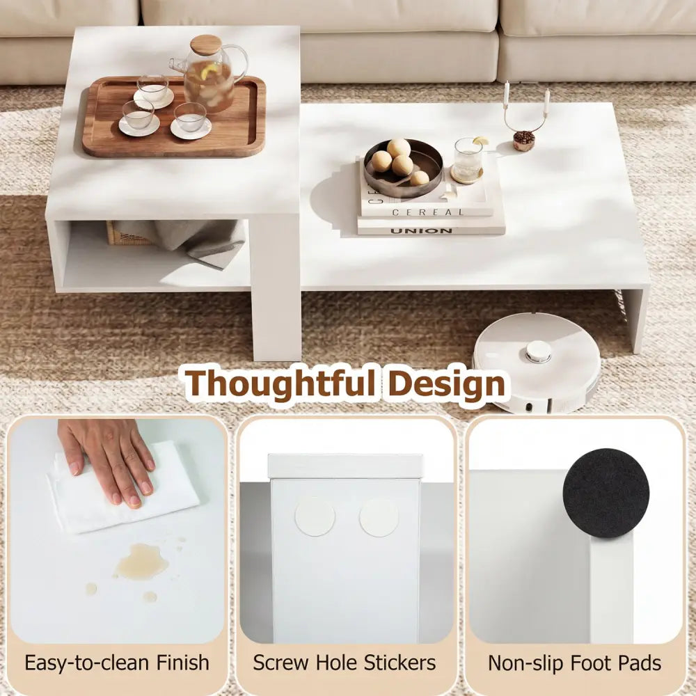 2-Tier Coffee Table Modern Irregular Center Table with Open Storage Shelf-White - White - Coffee Tables