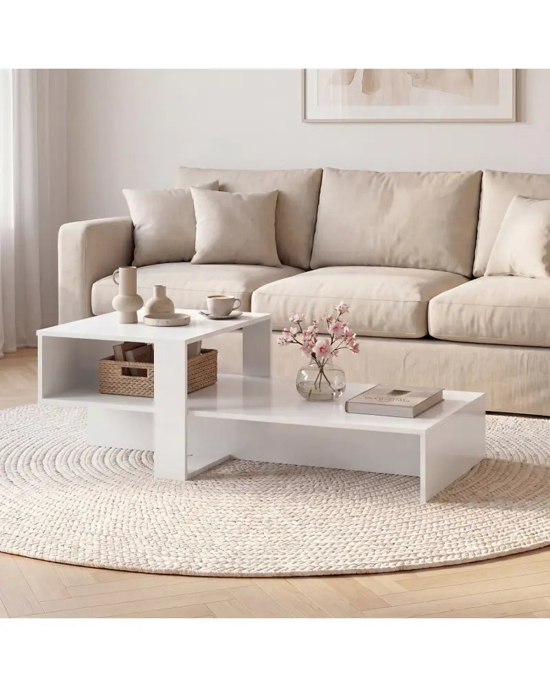 2-Tier Coffee Table Modern Irregular Center Table with Open Storage Shelf-White - White - Coffee Tables