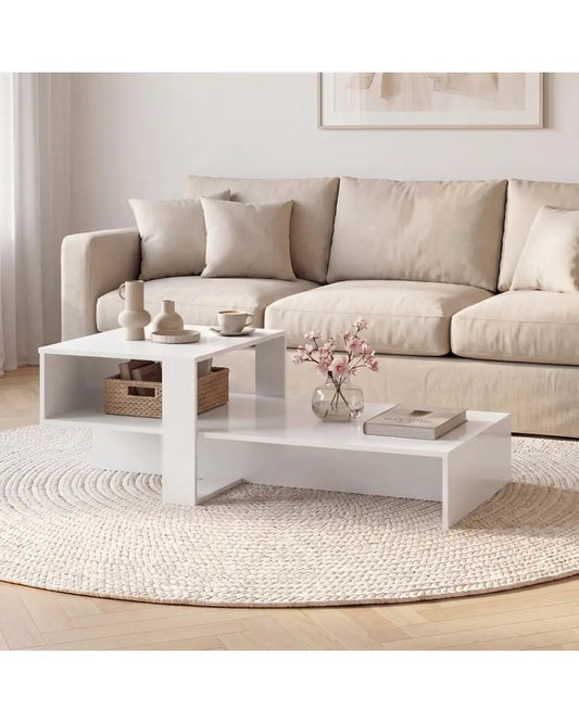 2-Tier Coffee Table Modern Irregular Center Table with Open Storage Shelf-White - White - Coffee Tables