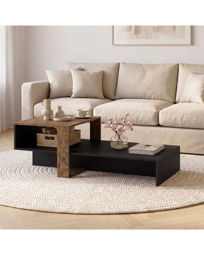 2-Tier Coffee Table Modern Irregular Center Table with Open Storage Shelf-Black & Brown - Coffee Tables