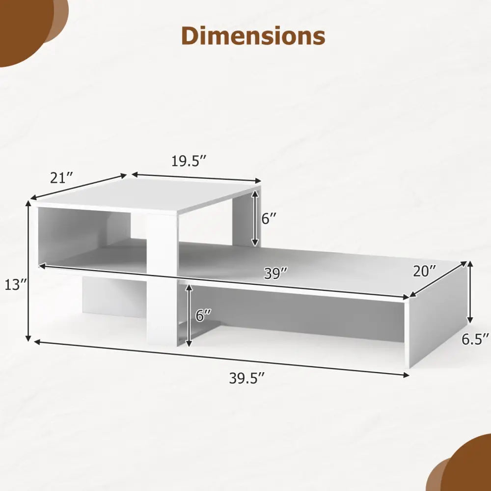 2-Tier Coffee Table Modern Irregular Center Table with Open Storage Shelf-White - White - Coffee Tables