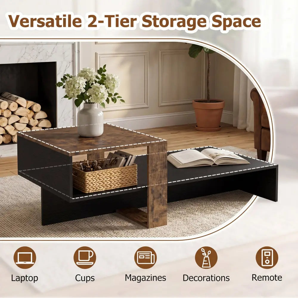 2-Tier Coffee Table Modern Irregular Center Table with Open Storage Shelf-Black & Brown - Coffee Tables