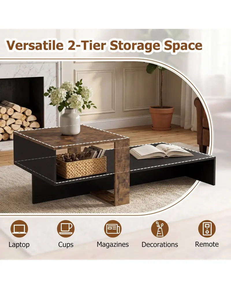 2-Tier Coffee Table Modern Irregular Center Table with Open Storage Shelf-Black & Brown - Coffee Tables