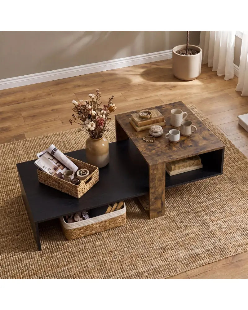 2-Tier Coffee Table Modern Irregular Center Table with Open Storage Shelf-Black & Brown - Coffee Tables