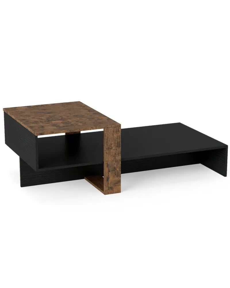 2-Tier Coffee Table Modern Irregular Center Table with Open Storage Shelf-Black & Brown - Coffee Tables