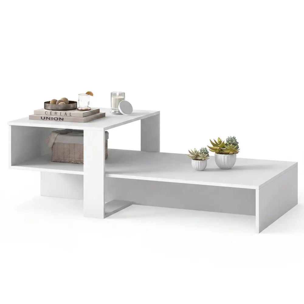 2-Tier Coffee Table Modern Irregular Center Table with Open Storage Shelf-White - White - Coffee Tables