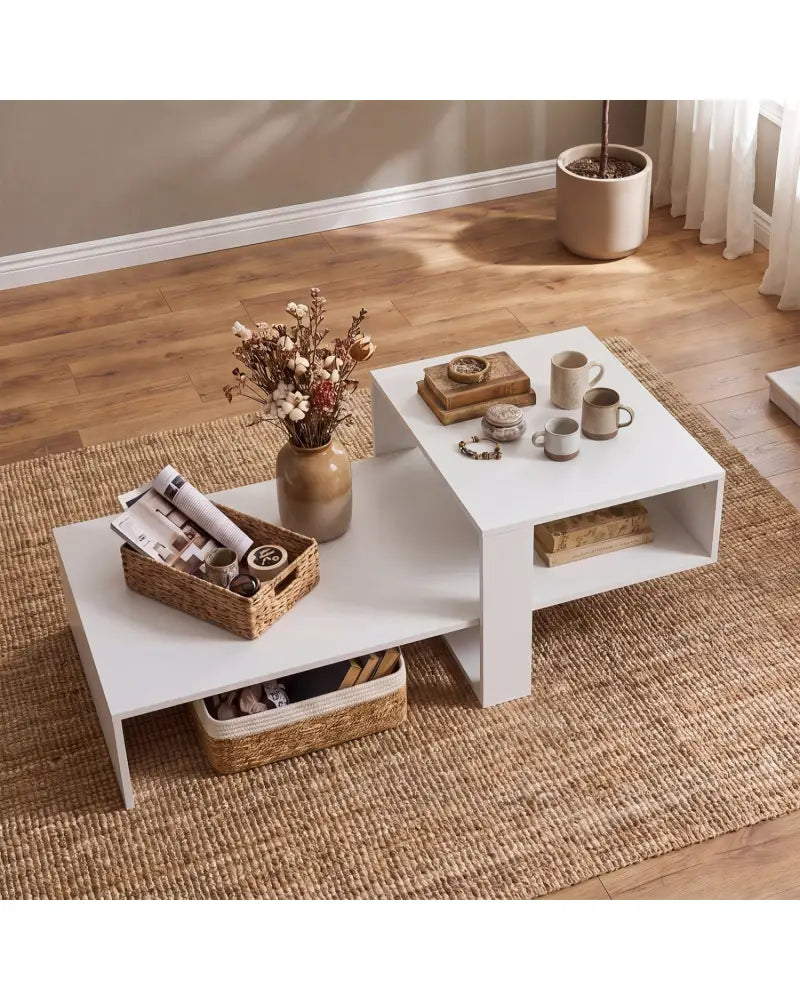 2-Tier Coffee Table Modern Irregular Center Table with Open Storage Shelf-White - White - Coffee Tables
