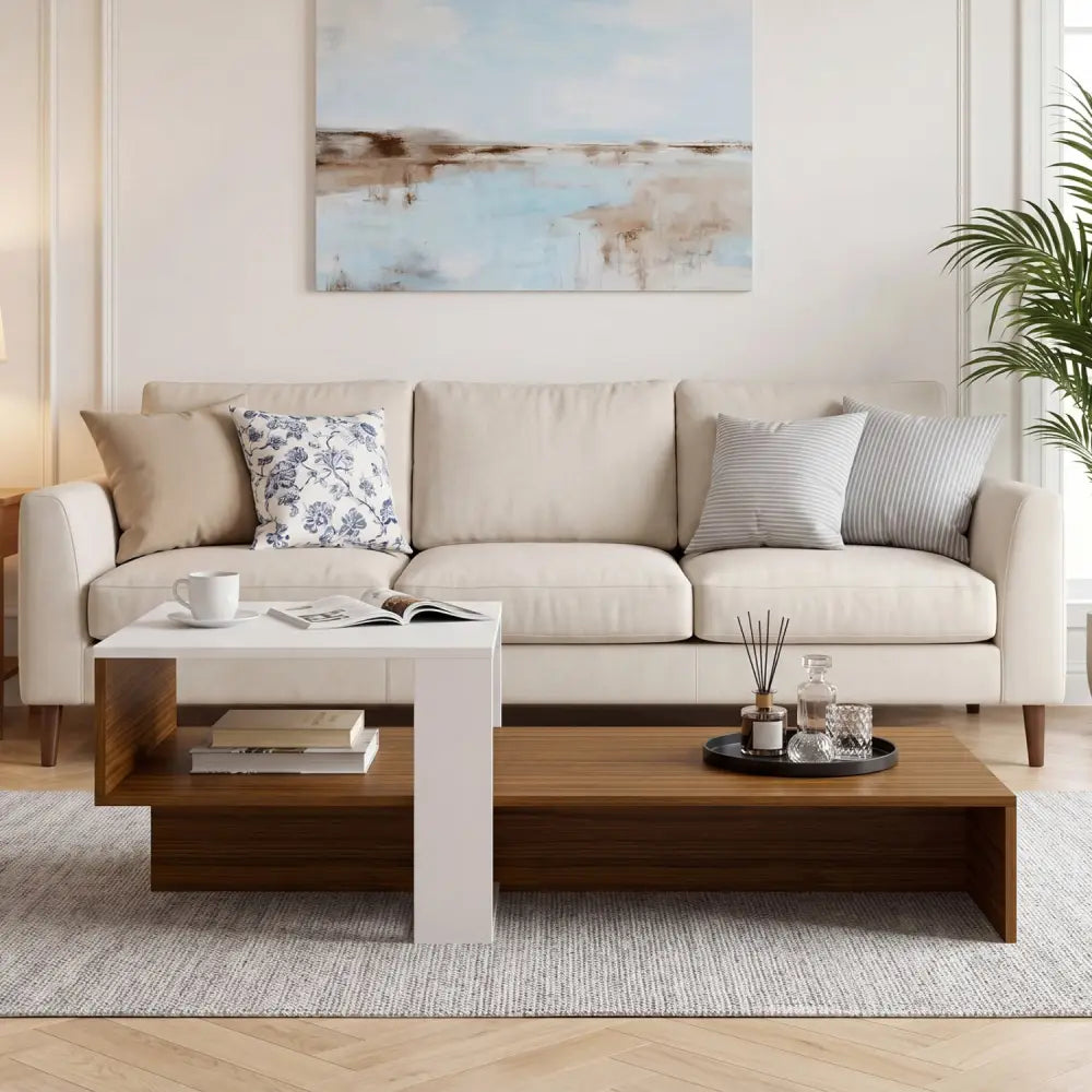 2-Tier Coffee Table Modern Irregular Center Table with Open Storage Shelf-White & Brown - Brown & White - Coffee Tables