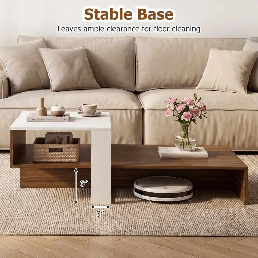 2-Tier Coffee Table Modern Irregular Center Table with Open Storage Shelf-White & Brown - Brown & White - Coffee Tables