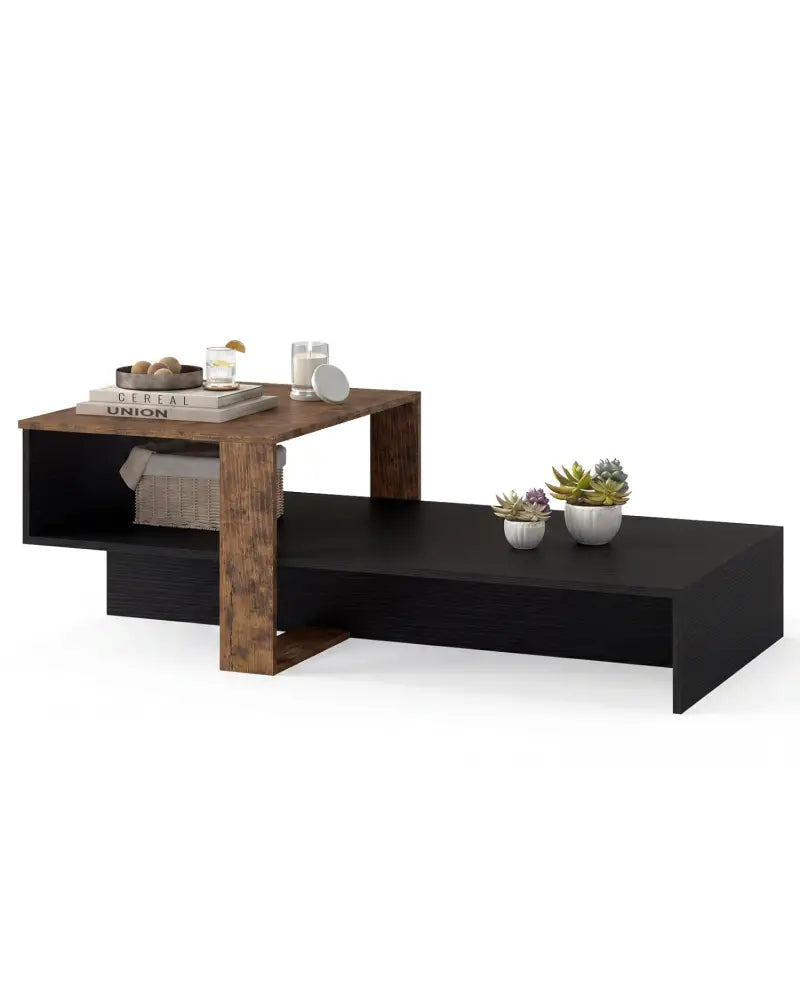 2-Tier Coffee Table Modern Irregular Center Table with Open Storage Shelf-Black & Brown - Coffee Tables