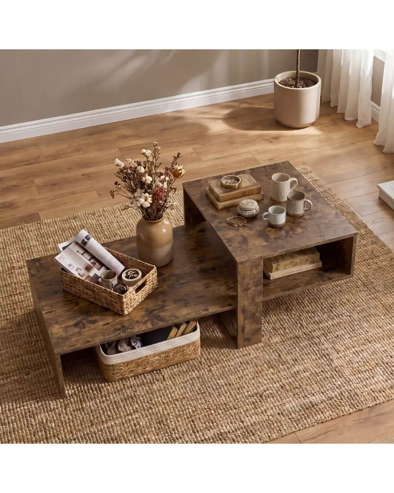 2-Tier Coffee Table Modern Irregular Center Table with Open Storage Shelf-Brown - Brown - Coffee Tables