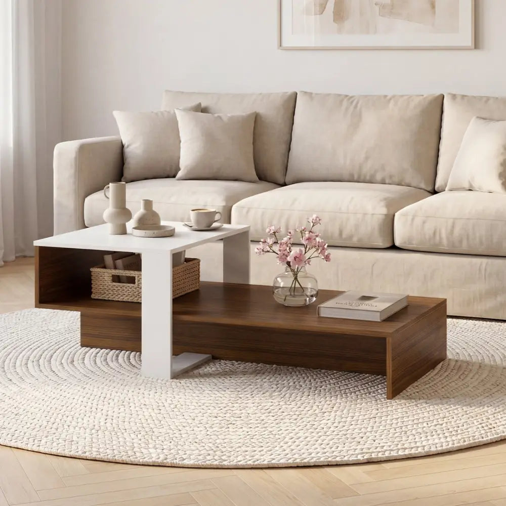 2-Tier Coffee Table Modern Irregular Center Table with Open Storage Shelf-White & Brown - Brown & White - Coffee Tables