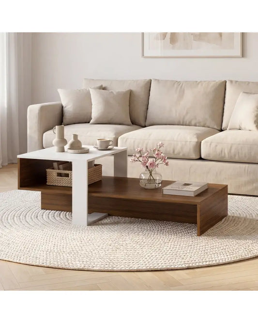2-Tier Coffee Table Modern Irregular Center Table with Open Storage Shelf-White & Brown - Brown & White - Coffee Tables