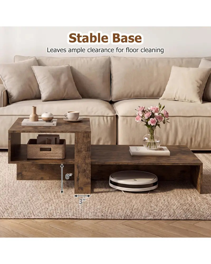2-Tier Coffee Table Modern Irregular Center Table with Open Storage Shelf-Brown - Brown - Coffee Tables
