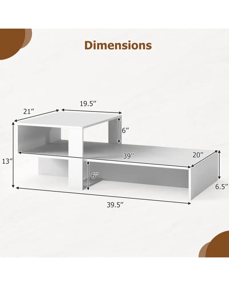 2-Tier Coffee Table Modern Irregular Center Table with Open Storage Shelf-White - White - Coffee Tables