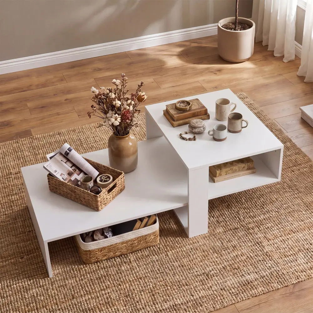2-Tier Coffee Table Modern Irregular Center Table with Open Storage Shelf-White - White - Coffee Tables