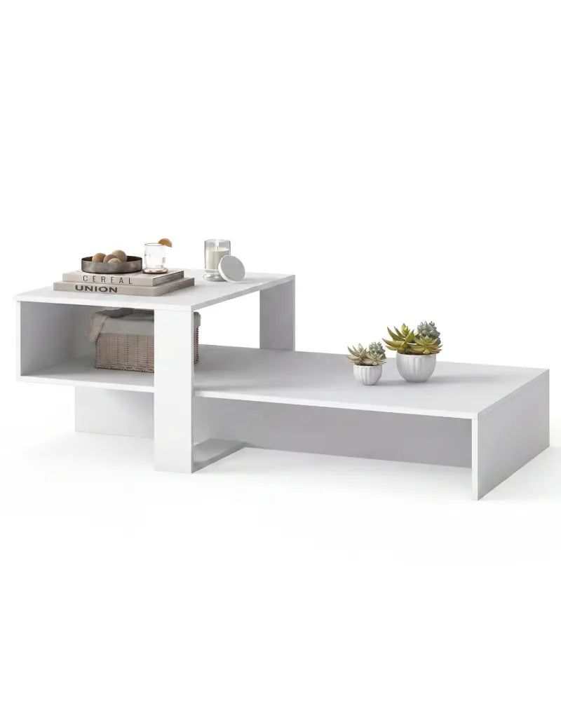 2-Tier Coffee Table Modern Irregular Center Table with Open Storage Shelf-White - White - Coffee Tables