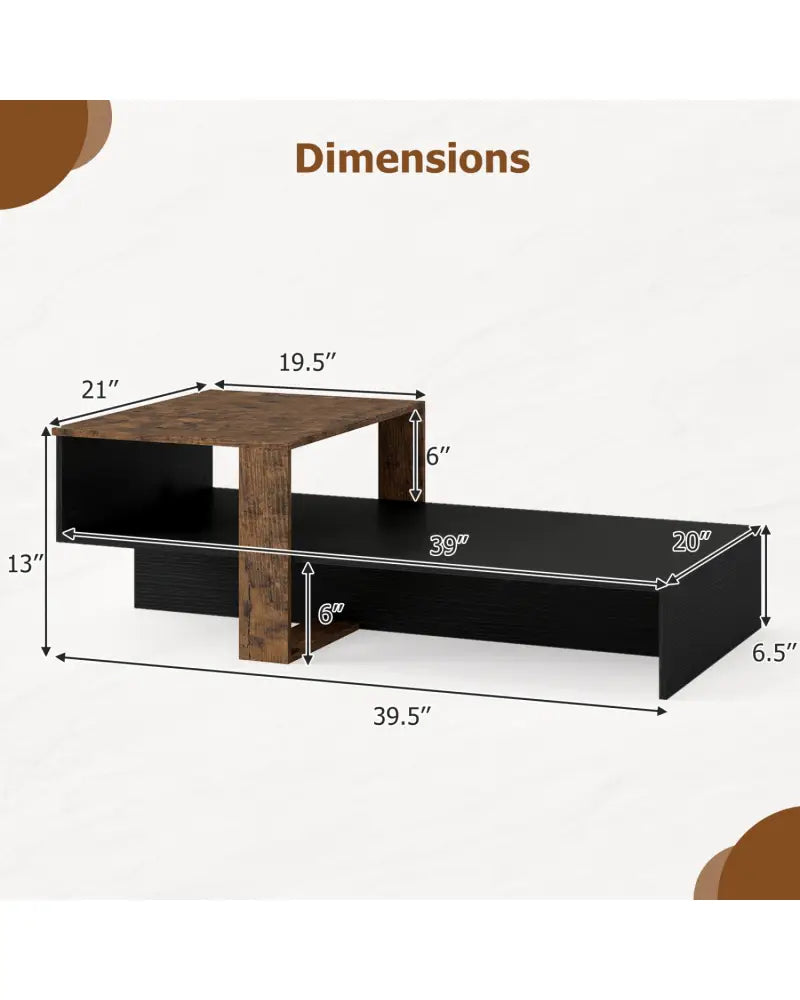 2-Tier Coffee Table Modern Irregular Center Table with Open Storage Shelf-Black & Brown - Coffee Tables