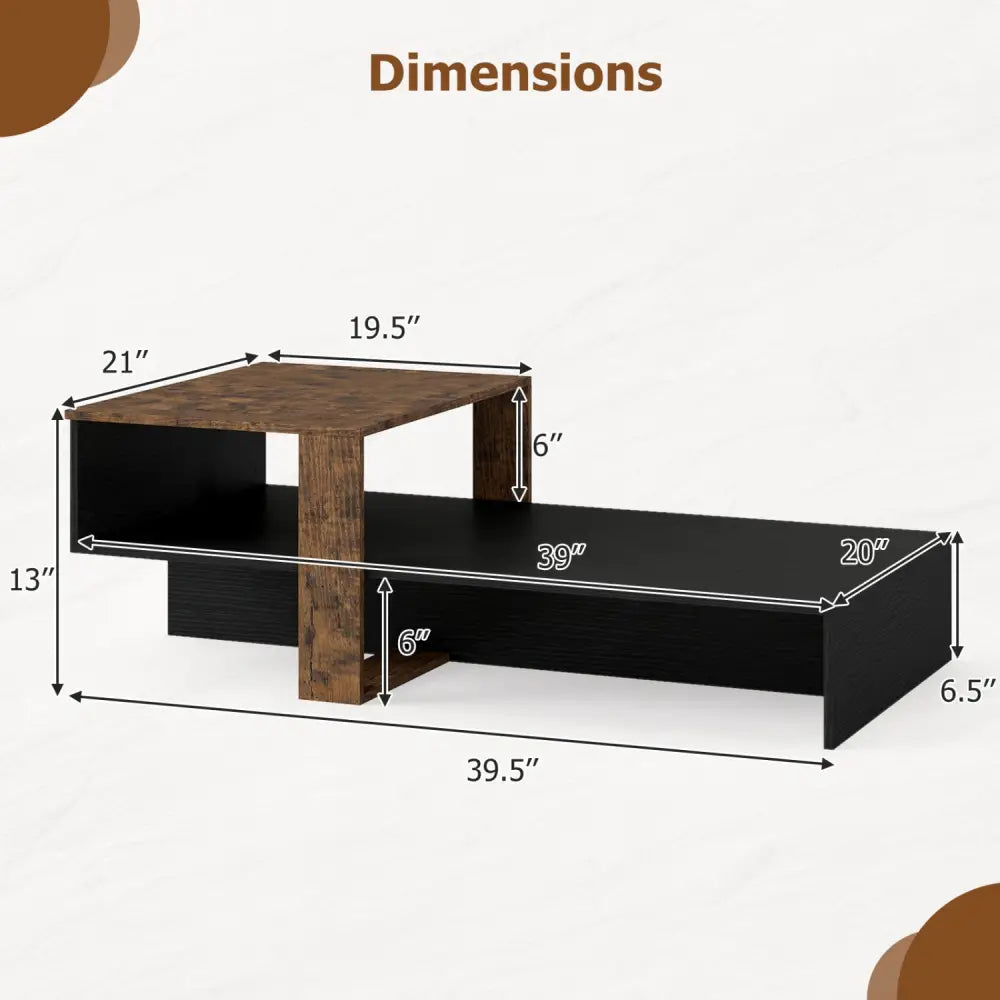 2-Tier Coffee Table Modern Irregular Center Table with Open Storage Shelf-Black & Brown - Coffee Tables