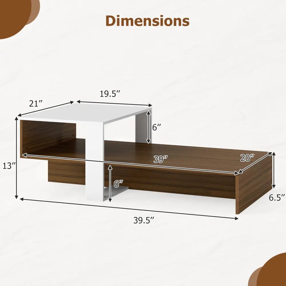 2-Tier Coffee Table Modern Irregular Center Table with Open Storage Shelf-White & Brown - Brown & White - Coffee Tables
