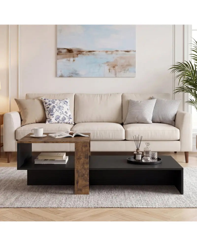 2-Tier Coffee Table Modern Irregular Center Table with Open Storage Shelf-Black & Brown - Coffee Tables