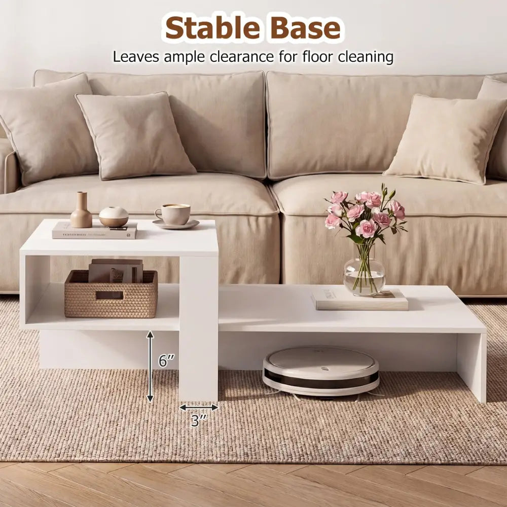 2-Tier Coffee Table Modern Irregular Center Table with Open Storage Shelf-White - White - Coffee Tables