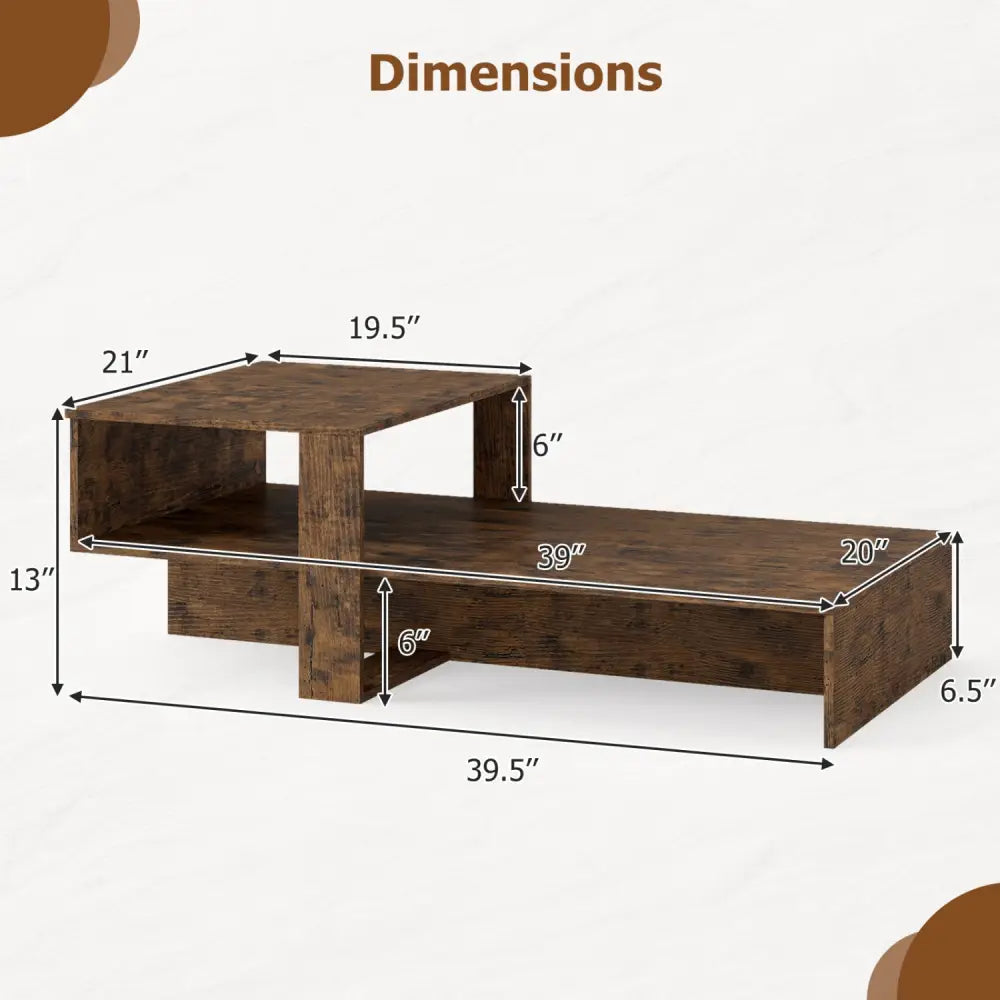 2-Tier Coffee Table Modern Irregular Center Table with Open Storage Shelf-Brown - Brown - Coffee Tables