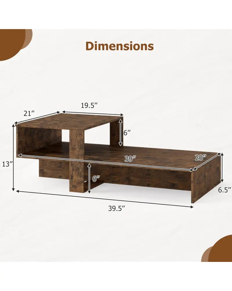 2-Tier Coffee Table Modern Irregular Center Table with Open Storage Shelf-Brown - Brown - Coffee Tables