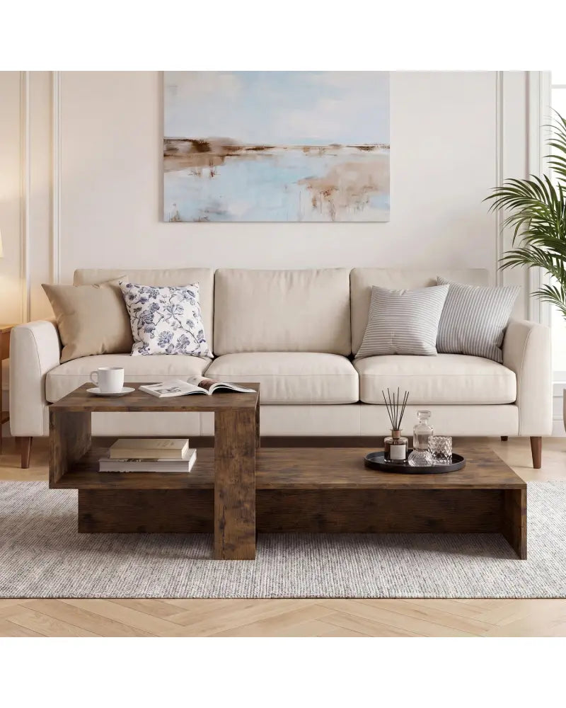 2-Tier Coffee Table Modern Irregular Center Table with Open Storage Shelf-Brown - Brown - Coffee Tables