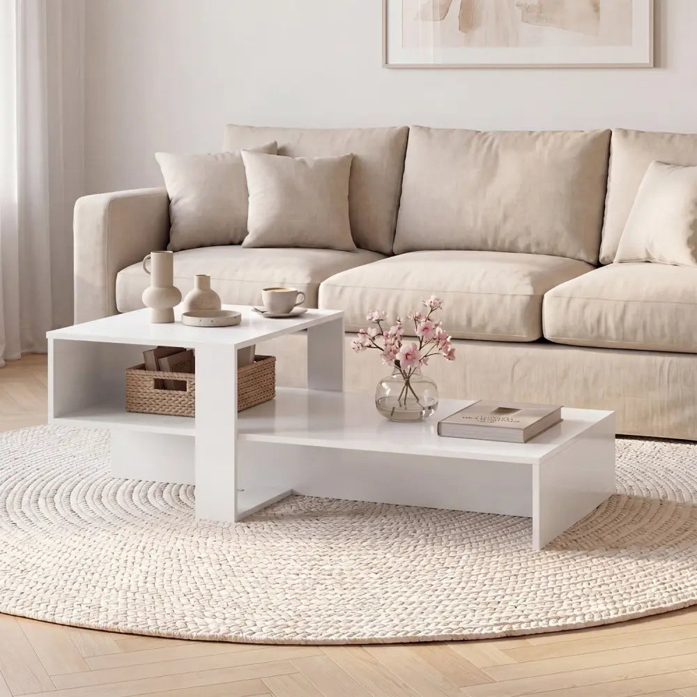 2-Tier Coffee Table Modern Irregular Center Table with Open Storage Shelf-White - White - Coffee Tables